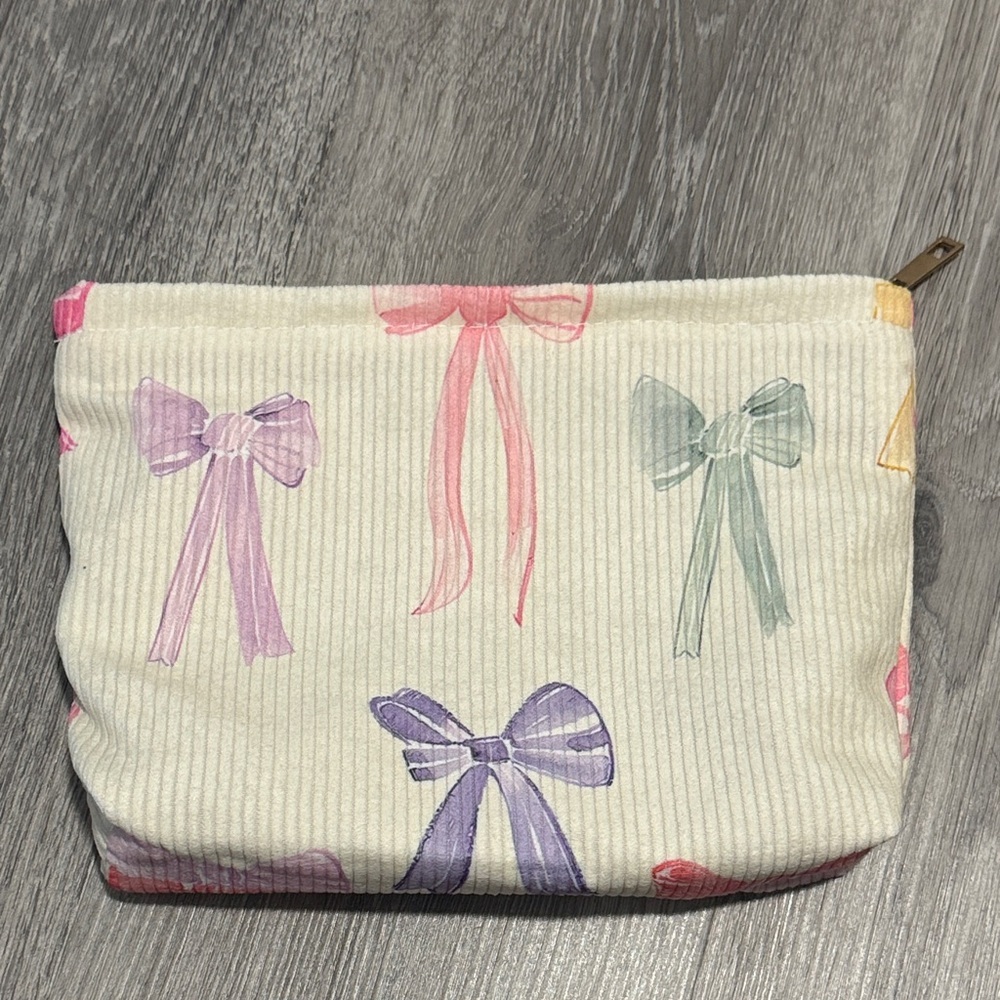 Bow Print Makeup Travel Toiletry Pouch Clutch Bag Zipper Soft Colorful Girls